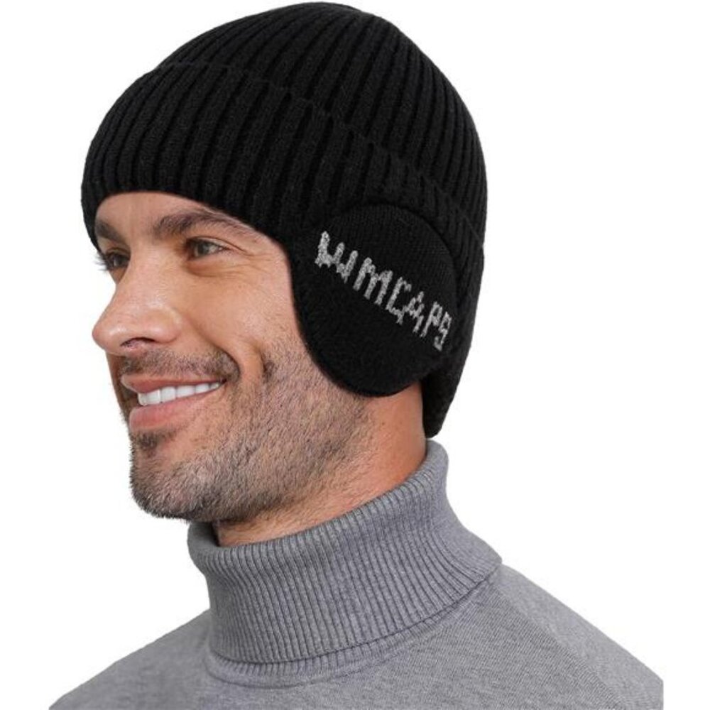 Fleece Line Beanie with Earflap,Winter Knitted Hat for Men Women